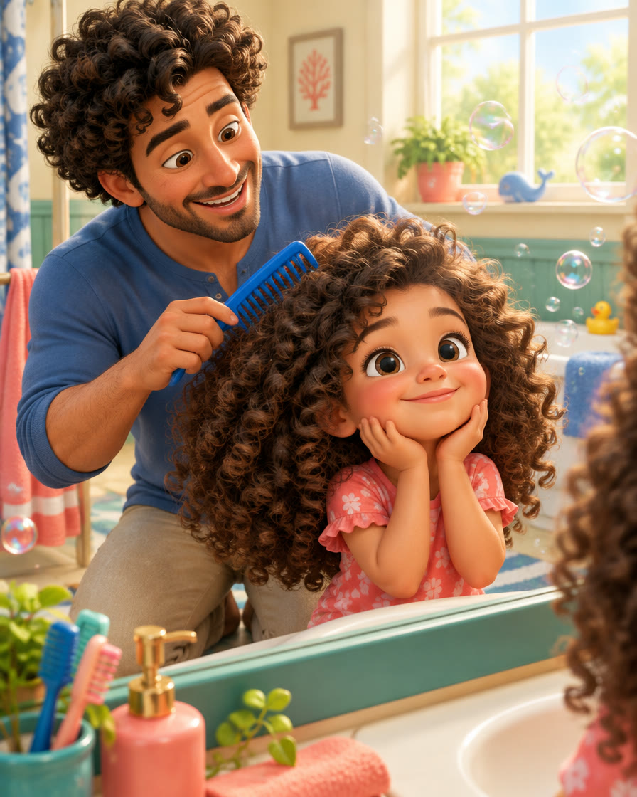 Animated dad gently combing his daughter's big curly hair with a blue wide-tooth comb