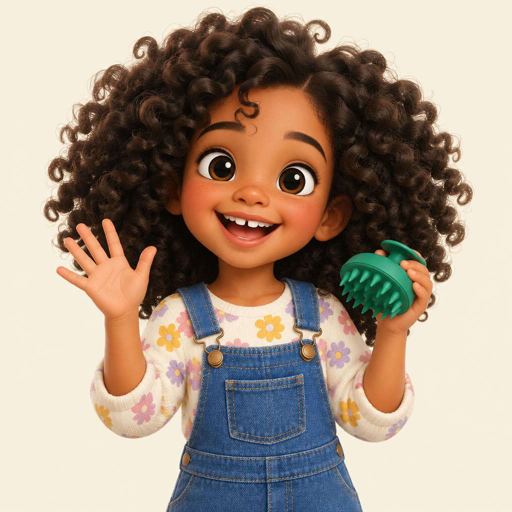 Animated curly-haired girl waving and holding a green scalp massager